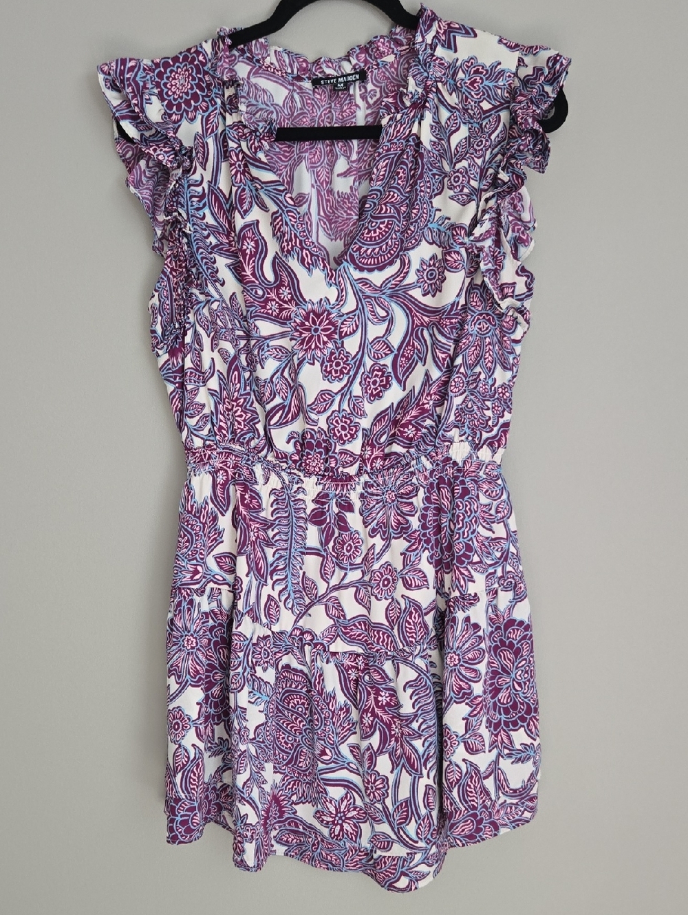 Steve Madden Purple Cream Teal  Paisley Mini Dress Ruffle V-neck Fit Flare